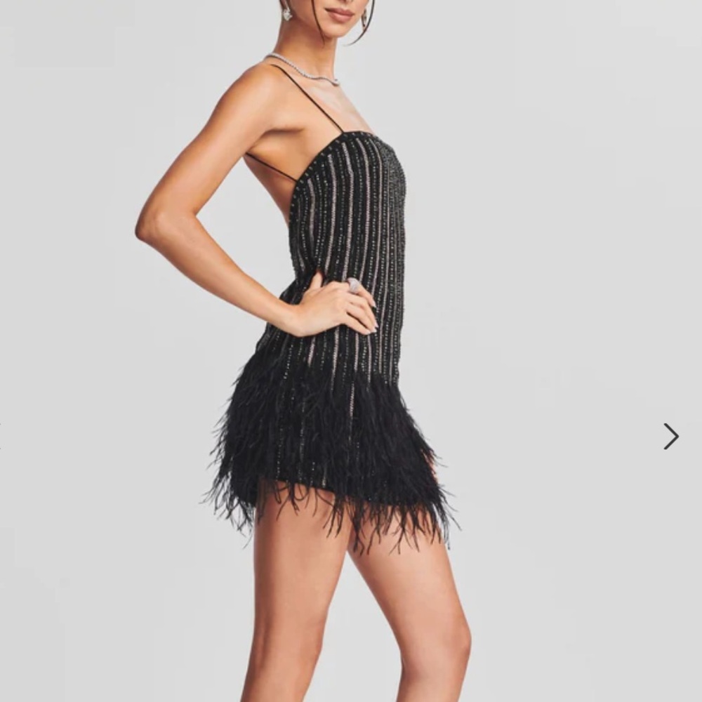 Retrofete Rubina Sequin Feather Mini Dress Black Square Neck - Picture 2 of 6